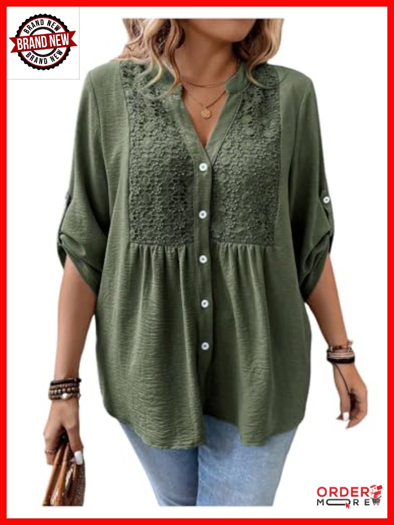 Boho Plus Size Button Down Blouse 3/4 Sleeve Babydoll Peplum Tunic Top